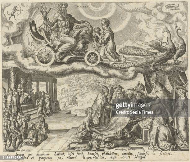 Jupiter riding in his chariot in the sky, pulled by two peacocks. The signs of Sagittarius and Pisces indicate which people belong to Jupiter's...
