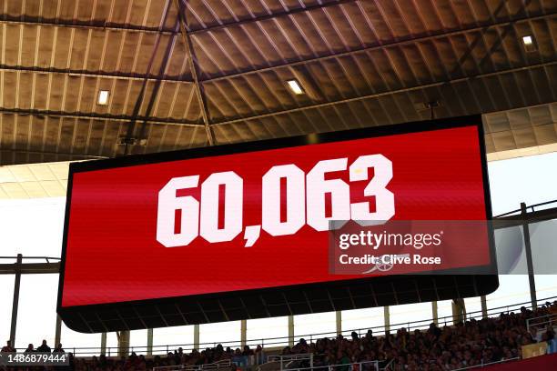 Detailed view as the LED Screen displays the match attendance of 60,063 during the UEFA Women's Champions League semi-final 2nd leg match between...