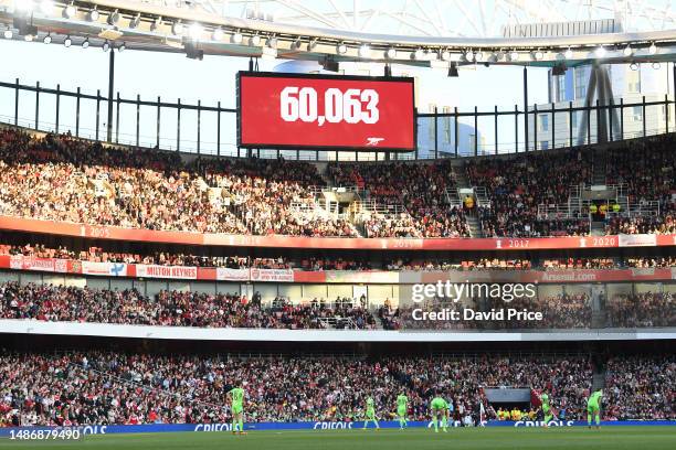 Detailed view as the LED Screen displays the match attendance of 60,063 during the UEFA Women's Champions League semi-final 2nd leg match between...