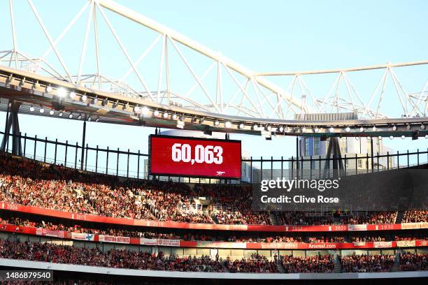Detailed view as the LED Screen displays the match attendance of 60, 063 during the UEFA Women's Champions League semi-final 2nd leg match between...