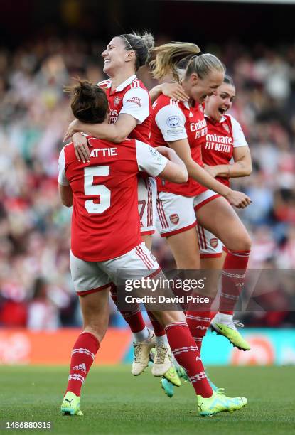 Jennifer Beattie of Arsenal celebrates with teammates after scoring the team's second goal during the UEFA Women's Champions League semi-final 2nd...
