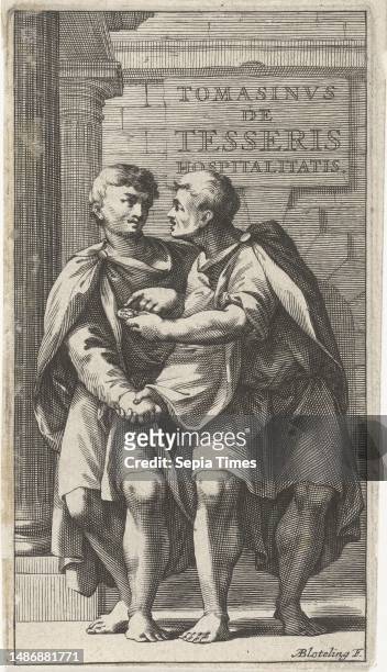 Title page for a tract on friendship in ancient society. Two friends in antique clothing shake hands. One gives a coin or other round object to the...