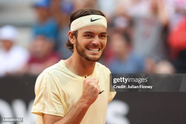 Taylor Fritz of United States celebrates winning match point against Cristian Garin of Chile during their Men's third round match on Day Eight of the...