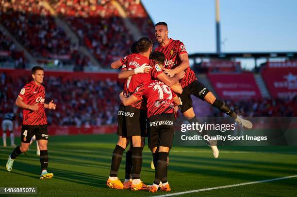 Kang-In Lee of RCD Mallorca celebrates after scoring his teams first goal during the LaLiga Santander match between RCD Mallorca and Athletic Club at...