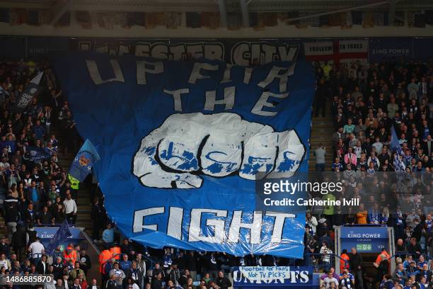 General view as fans of Leicester City raise a Banner of a Fist which reads "Up For The Fight LCFC" prior to the Premier League match between...