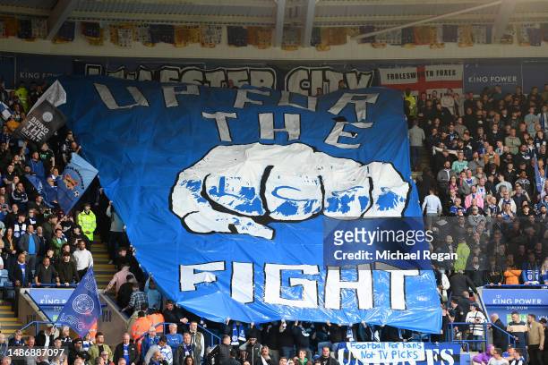 General view as fans of Leicester City raise a Banner of a Fist which reads "Up For The Fight LCFC" prior to the Premier League match between...