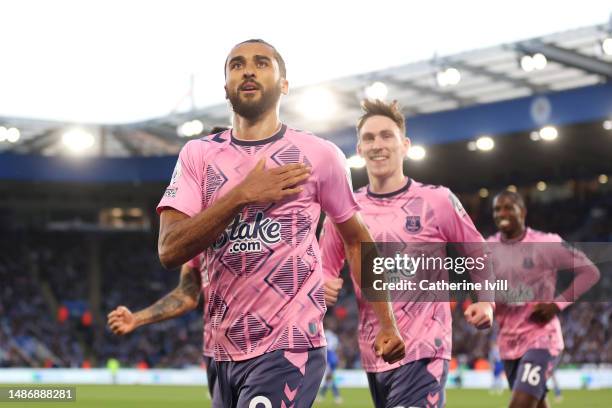 Dominic Calvert-Lewin of Everton celebrates after scoring the team's first goal during the Premier League match between Leicester City and Everton FC...