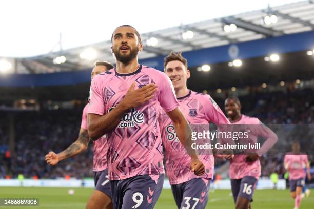 Dominic Calvert-Lewin of Everton celebrates after scoring the team's first goal during the Premier League match between Leicester City and Everton FC...