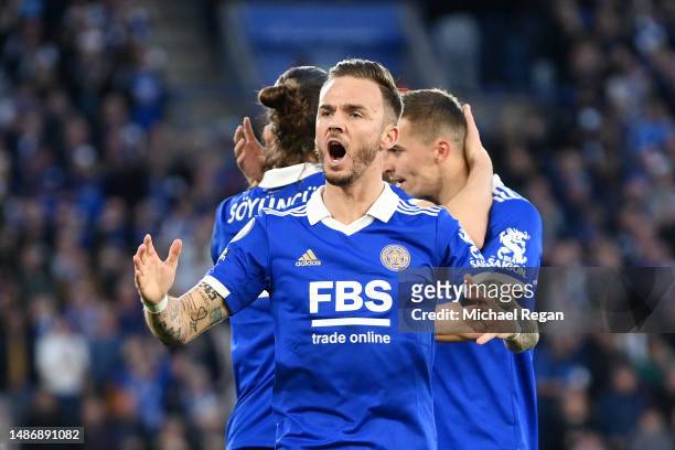 James Maddison of Leicester City celebrates after Caglar Soyuncu scores the teams first goal during the Premier League match between Leicester City...