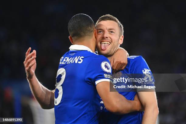 Jamie Vardy of Leicester City celebrates with teammate Youri Tielemans after scoring the team's second goal during the Premier League match between...