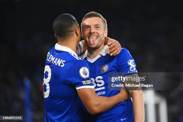 Jamie Vardy of Leicester City celebrates with teammate Youri Tielemans after scoring the team's second goal during the Premier League match between...