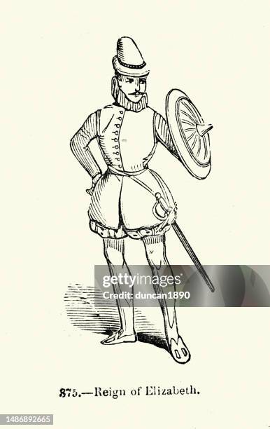 history of fashion, elizabethan era man armed with shield and sword 16th century - 16th century style stock illustrations