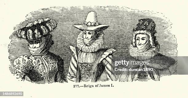 history of fashion, hats, scarf, ruffs, women's costumes from the reign of james i of england 17th century - headscarf stock illustrations