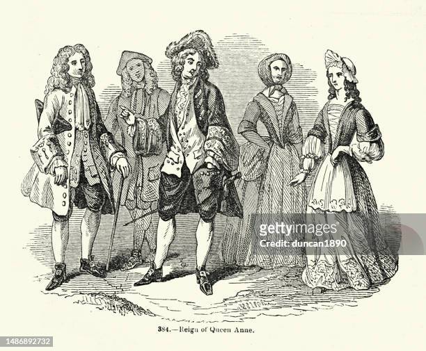history of fashion, mens and womens costumes from the reign of anne, queen of great britain 18th century - menswear stock illustrations