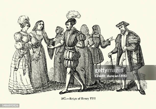 stockillustraties, clipart, cartoons en iconen met history of fashion, mens and womens costumes from the reign of henry viii of england - circa 15th century