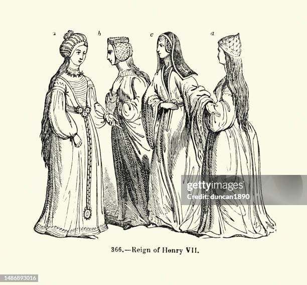 history of fashion, womens costumes from the reign of henry vii of england 15th century - 16th century style stock illustrations