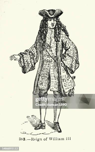 stockillustraties, clipart, cartoons en iconen met vintage illustration, history of fashion, mens costumes from the reign of william iii of england 17th century - driekantige hoed