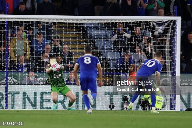 Jordan Pickford of Everton saves a penalty kick from James Maddison of Leicester City during the Premier League match between Leicester City and...