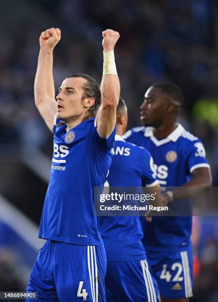 Caglar Soyuncu of Leicester City celebrates after scoring the team's first goal during the Premier League match between Leicester City and Everton FC...