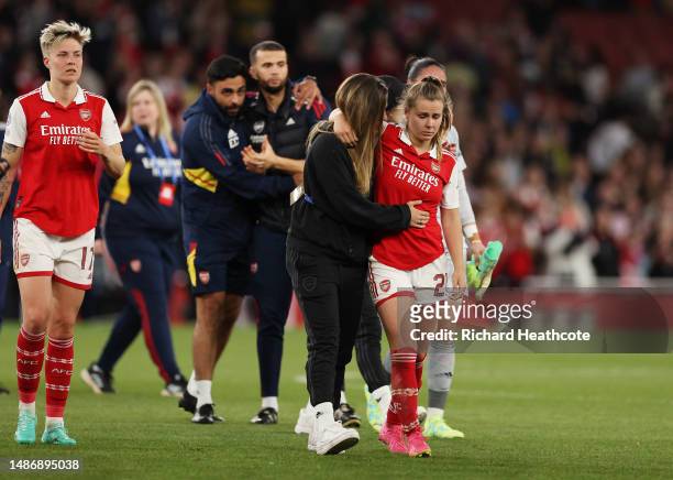 Victoria Pelova of Arsenal is consoled by a team mate after their elimination from the UEFA Women's Champions League semi-final 2nd leg match between...