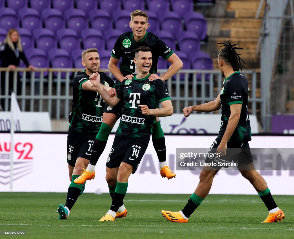 Amer Gojak of Ferencvarosi TC celebrates after scoring a goal with