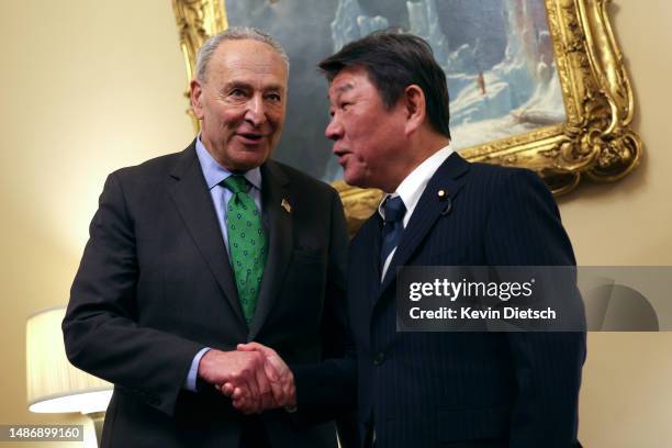 Senate Majority Leader Charles Schumer meets with Japanese Legislature member Toshimitsu Motegi in his office at the U.S. Capitol on May 01, 2023 in...