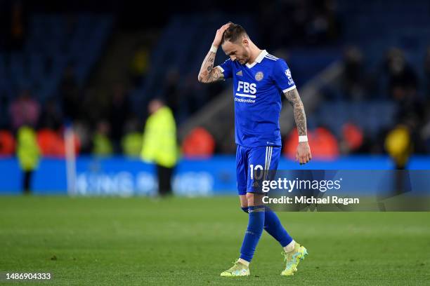 James Maddison of Leicester City looks dejected after the final whistle of the Premier League match between Leicester City and Everton FC at The King...