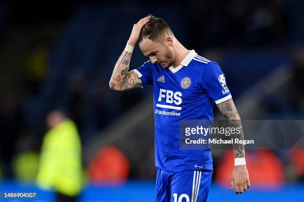 James Maddison of Leicester City looks dejected after the final whistle of the Premier League match between Leicester City and Everton FC at The King...