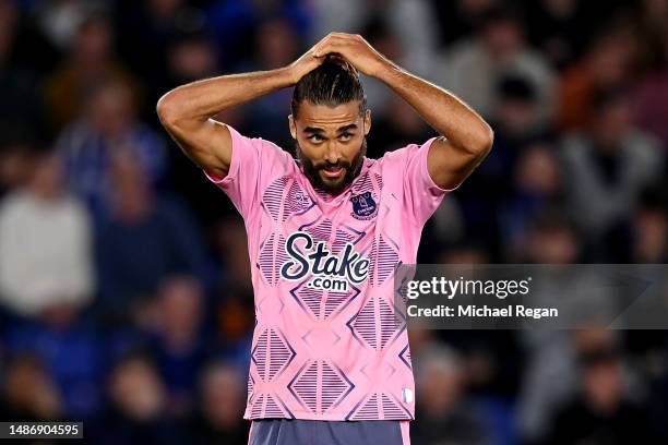 Dominic Calvert-Lewin of Everton reacts after the final whistle of the Premier League match between Leicester City and Everton FC at The King Power...