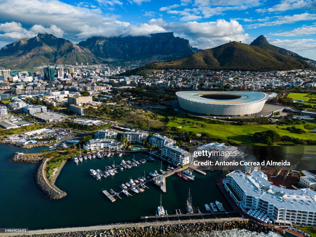 Landscape aerial view of Cape Town with Lions Head and Table Mountain in South Africa