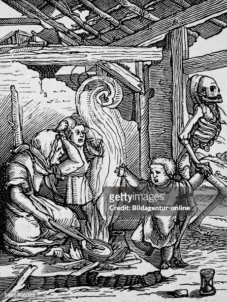 Dance of Death, also called Danse Macabre of Hans Holbein the Younger, The death and the child, historical illustration.