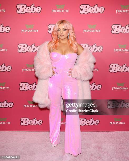 Bebe Rexha arrives at her "Bebe" Album Release Event, Presented By Provocativo at Sunset at EDITION on April 28, 2023 in West Hollywood, California.