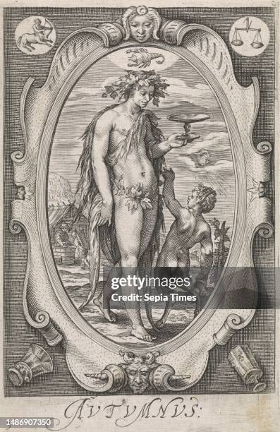 Autumn personified by a nude man holding a wine-bowl accompanied by a young satyr, with a landscape in the background bringing in the grape harvest....