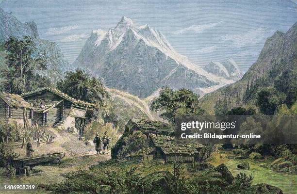 The Wetterhorn on the way from Interlaken to Grindelwald, Switzerland, historic wood engraving, about 1880, digitally restored reproduction of an...