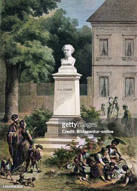 The Schadow Monument in Duesseldorf, North Rhine-Westphalia, Germany, historical woodcut, circa 1870, digitally restored reproduction of an original...