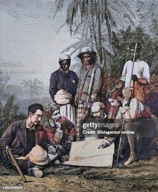 Henry Stanley and members of the Portuguese society in San Paolo de Lando, historical woodcut, circa 1870, digitally restored reproduction of an...