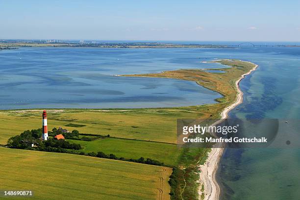 aerial view of flugger lighthouse and baltic sea. - fehmarn stock pictures, royalty-free photos & images