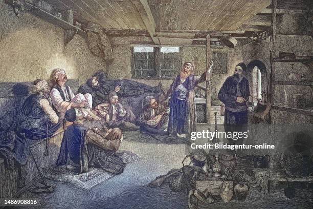 Ein Cafe in Bosnien, einheimische Menschen sitzen und entspannen, historical, digital improved reproduction of an original from the 19th century /...