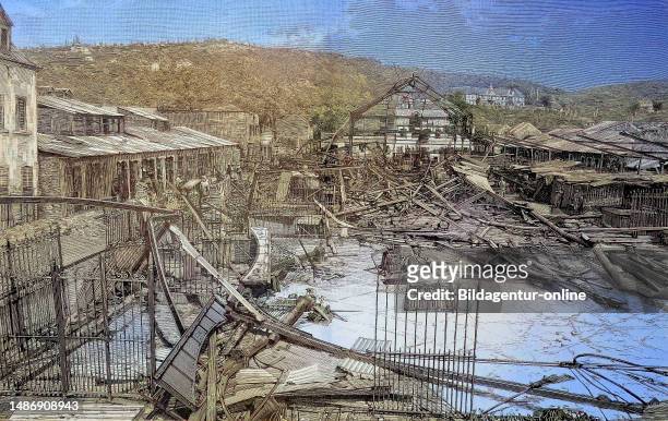 Schäden nach einem Zyklon auf der Insel Martinique. Die Ruinen der Markthalle in Fort-de-Frane. Der Martinique-Wirbelsturm von 1891, auch bekannt als...