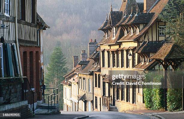 row of timbered houses lining steep hill, lyons-la-foret, eure. - lyons la forêt photos et images de collection