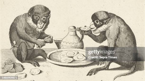 Two monkeys are sitting next to a bowl of oysters. One is opening the oysters with a knife, the other is just slurping an oyster inside. Print from a...