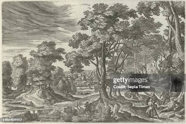 In a forest, a traveler is attacked by highwaymen. The print is part of a four-part series of landscapes with scenes from the parable of the Good...