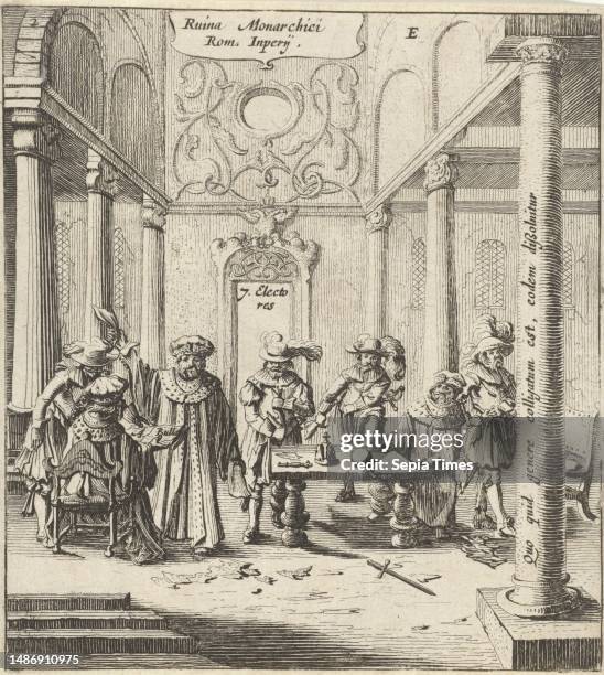 In a room, several richly dressed Catholic Romans stand near a table. On the floor are torn up letters and a sword. Above the doorway the Latin...