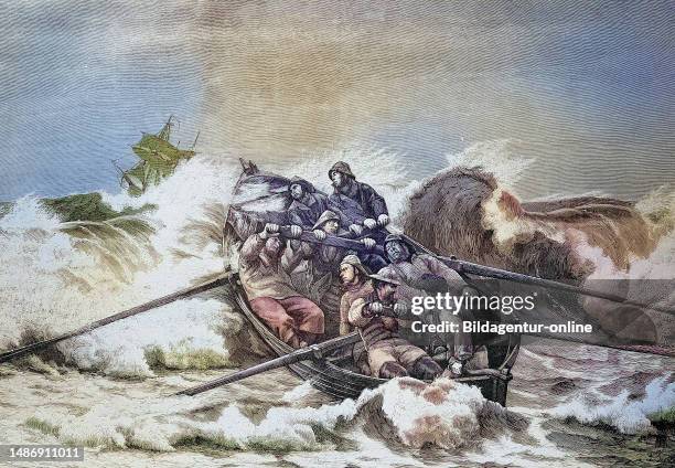 Rescue crew with a lifeboat fights its way through the surf to a ship in distress, Historisch, historical, digital improved reproduction of an...