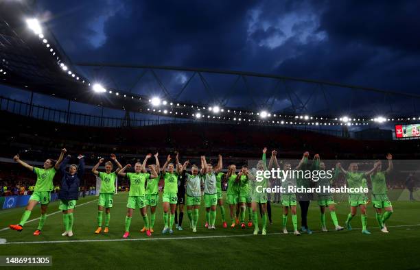 VfL Wolfsburg celebrate after progressing to the Champions League Final after defeating Arsenal during the UEFA Women's Champions League semifinal...