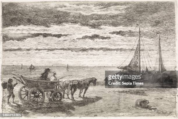 Two men are seated on a horse-drawn wagon, driving through the water. Two pinks are moored at the tide line, with some fishermen in attendance. An...