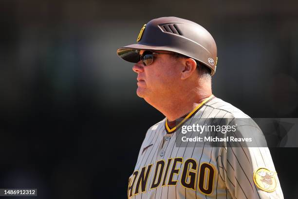 Mike Shildt of the San Diego Padres looks on against the Chicago Cubs at Wrigley Field on April 27, 2023 in Chicago, Illinois.
