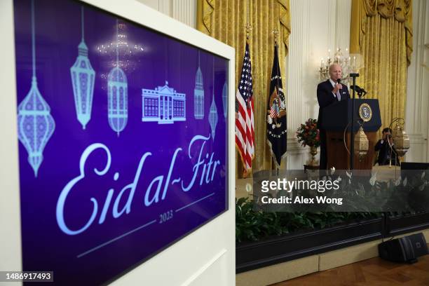 President Joe Biden speaks during a reception celebrating Eid-al-Fitr in the East Room of the White House on May 1, 2023 in Washington, DC. The White...