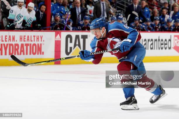 Erik Johnson of the Colorado Avalanche shoots against the Seattle Kraken in Game Seven of the First Round of the 2023 Stanley Cup Playoffs at Ball...