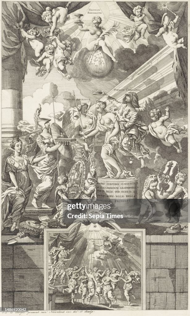 Allegory of the marriage of William V and Wilhelmina of Prussia in 1767 and the birth of Prince William Frederick on 24 August 1772. Two representations: at the top an allegory in which the princess standing on a pedestal receives the sealed book of marit